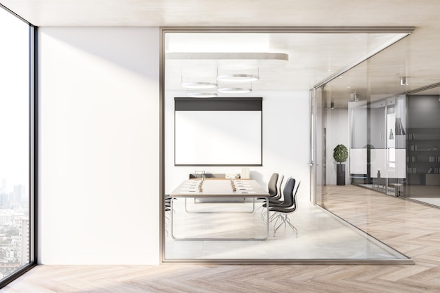 Intérieur luxueux de la salle de réunion en verre avec équipement de mobilier maquette vide affiches de présentation et fenêtre avec vue sur la ville Rendu 3D