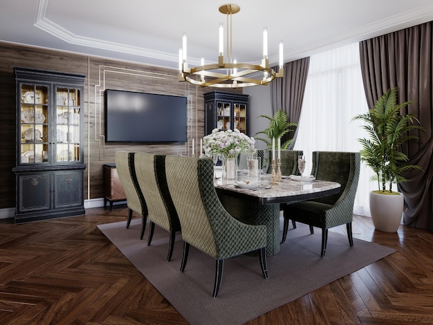 Intérieur luxueux et tendance de la salle à manger de style art déco, intérieur beige avec mobilier vert. Table rectangulaire avec six chaises. Rendu 3D.