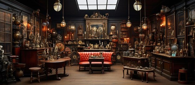Intérieur d'un magasin d'antiquités avec de vieux objets et meubles classiques vintage