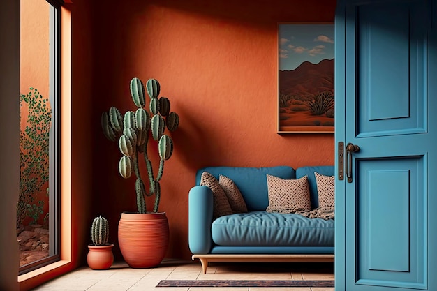 Photo intérieur de maison bleu avec canapé et murs en terre cuite