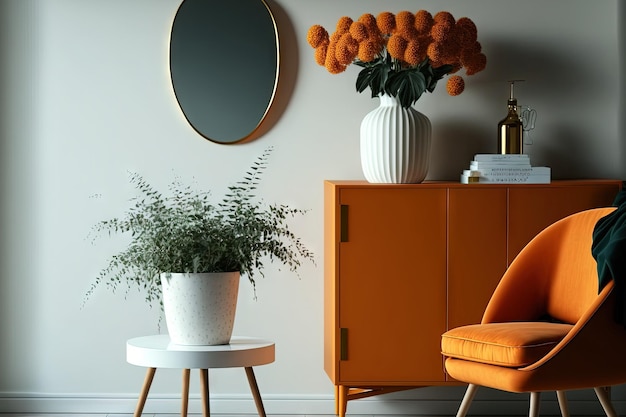 Un intérieur de maison chic avec une plante et une chaise orange aux accents vintage