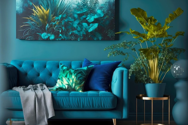 Intérieur de maison contemporain bleu avec canapé avec coussins et plantes vertes