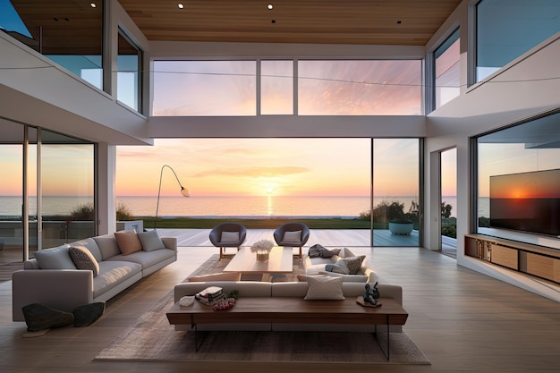 Intérieur de la maison côtière avec vue sur le coucher de soleil sur l'océan