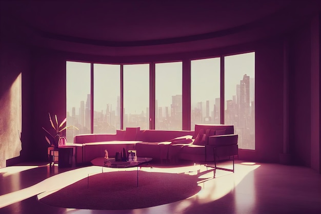 Intérieur de la maison dans les contours de rétroéclairage néon de style anime Vue depuis la fenêtre sur la ville cyberpunk