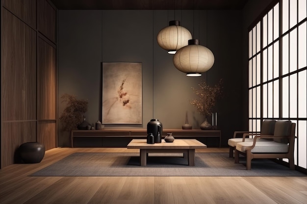 Intérieur de la maison dans une maquette de cadre de style japonais dans la salle à manger générée par l'IA