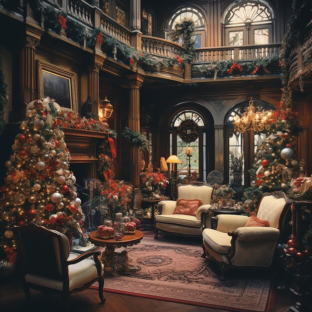 L'intérieur d'une maison avec des décorations de Noël