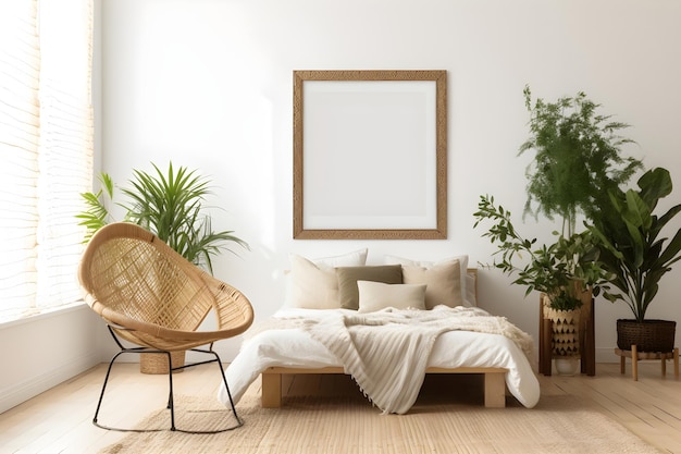 Intérieur de maison élégant avec cadre maquette au-dessus du lit Plantes vertes à l'intérieur comme design