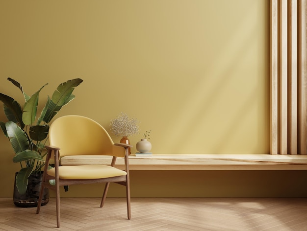 Intérieur de la maison avec fauteuil jaune et décoration dans le salon de couleur jaune