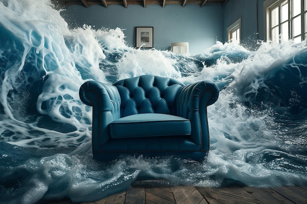 Intérieur de la maison inondé d'eau L'eau inonde la pièce avec le fauteuil Concept de santé mentale endroit sûr Attaque de panique en pensant aux problèmes psychologie sentiments du monde intérieur surréaliste