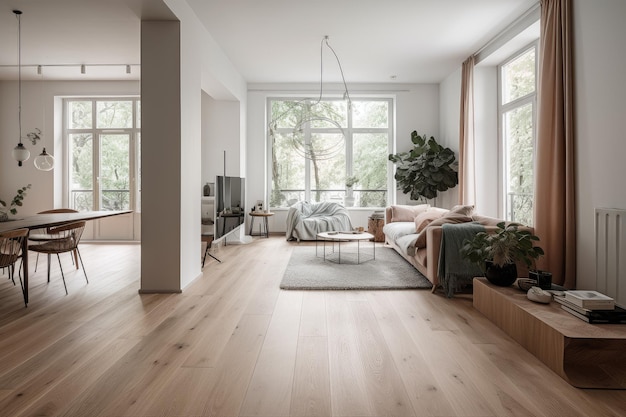 Intérieur de maison minimaliste aux influences scandinaves avec parquet et design minimaliste