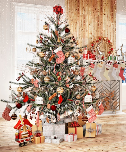 Intérieur de maison moderne avec arbre du nouvel an et décoration de noël