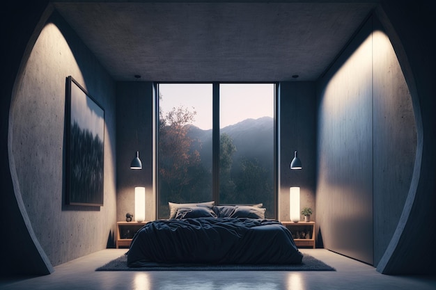 Intérieur de maison moderne Chambre à coucher avec des murs sombres et des meubles lumineux Nuit Éclairage du soir