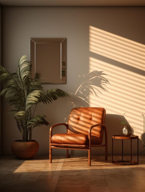 Intérieur de maison moderne et confortable avec une chaise élégante, des stores en bois et de la lumière naturelle générée