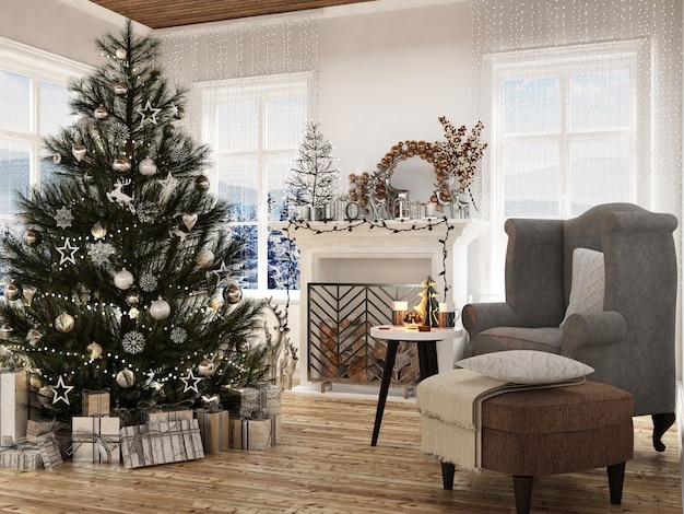 Intérieur de maison moderne avec décoration de Noël et nouvel arbre à larmes