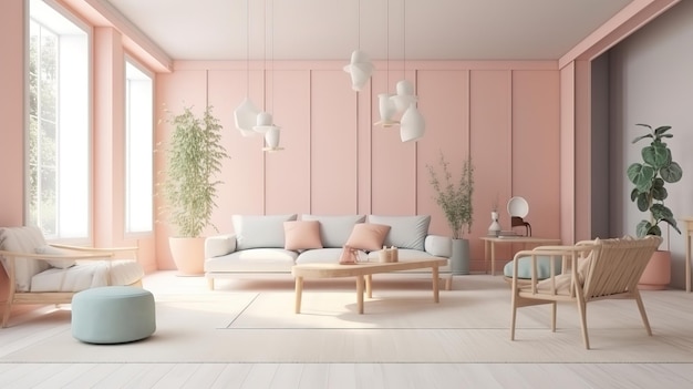 Intérieur de maison moderne meublé dans des tons pastel légers Generative Ai