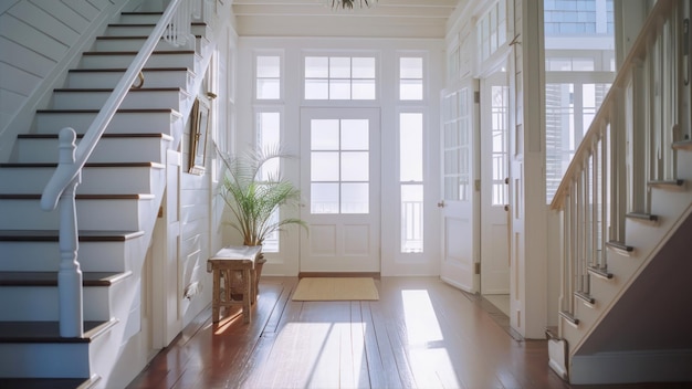 Photo l'intérieur d'une maison moderne avec des murs blancs et des escaliers en bois