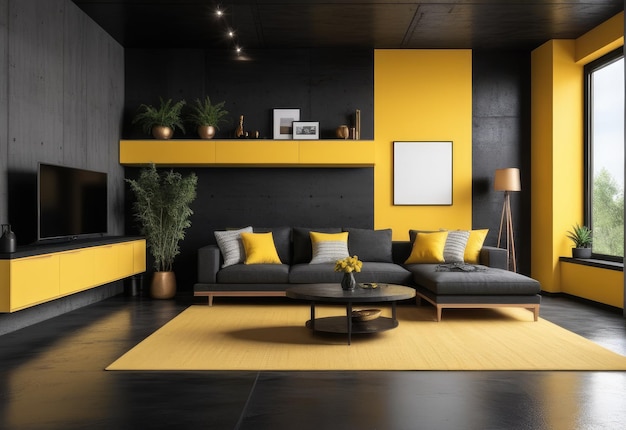 Intérieur de maison moderne style Loft mur de béton noir et éléments jaunes