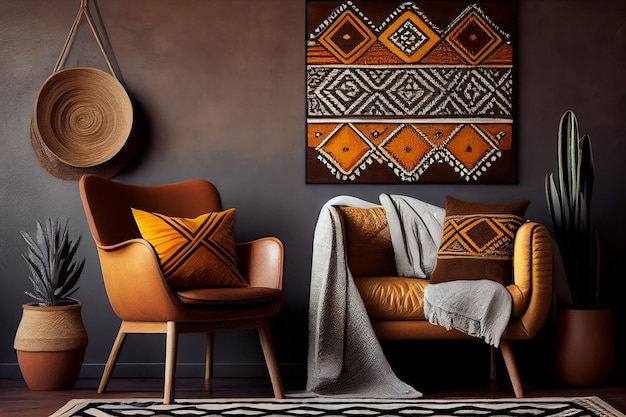 Intérieur de la maison avec salon de décoration ethnique bohème dans un style 3d de couleur chaude marron Generative Ai