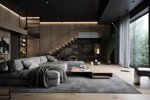 Intérieur de la maison salon sombre moderne intérieur mur vide noir maquette luxe moderne IA générative