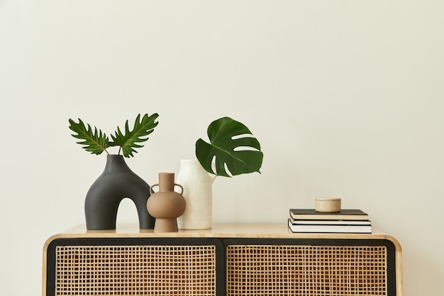 Intérieur de maison scandinave moderne avec commode en bois design, feuille tropicale dans un vase, livres et accessoires personnels dans un décor élégant. Copiez l'espace. Murs blancs.