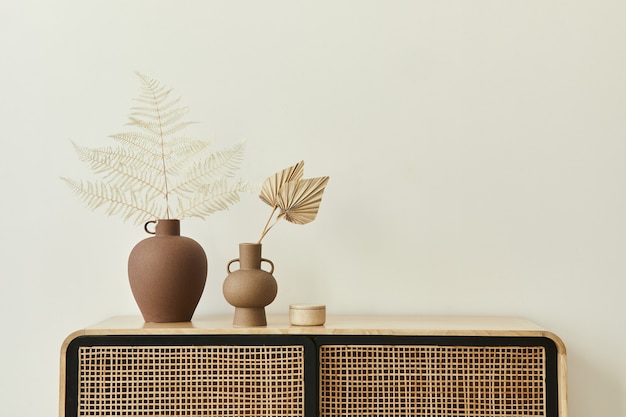 Intérieur de maison scandinave moderne avec commode en bois design, feuilles séchées dans des vases en céramique et accessoires personnels dans un décor élégant. Modèle. Espace de copie. Murs blancs.