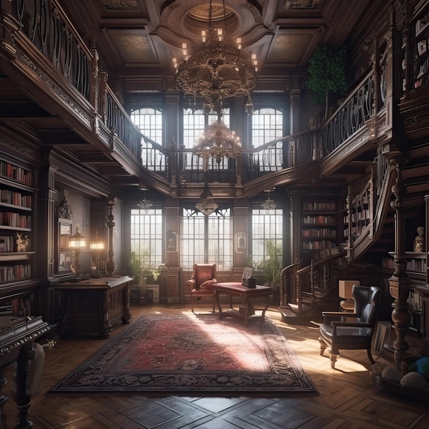 Intérieur de maison seigneuriale ancienne avec une belle bibliothèque et des canapés club IA générative