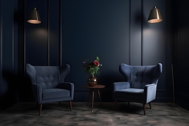 Intérieur de maison sombre et moderne aux couleurs bleu marine foncé avec deux fauteuils vides Réseau de neurones généré en mai 2023 Non basé sur une scène ou un motif réel