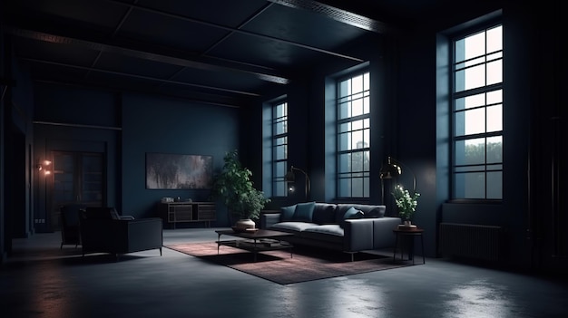 Intérieur de maison sombre moderne fond loft intérieur rendu 3d couleur vive Ai générative