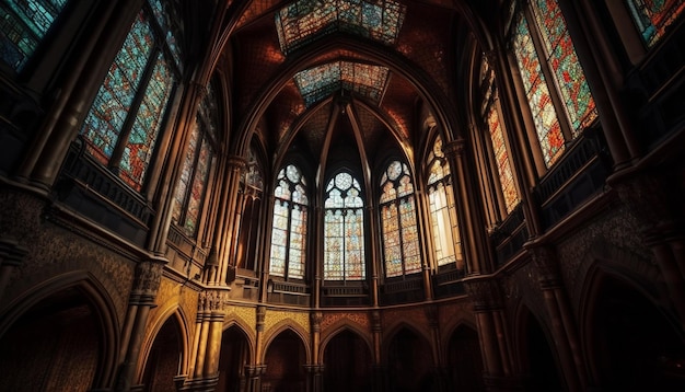 À l'intérieur de la majestueuse basilique, les vitraux illuminent la chapelle sombre générée par l'intelligence artificielle