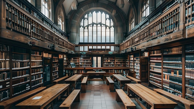 L'intérieur majestueux de la bibliothèque avec un plafond voûté et des étagères en bois un sanctuaire tranquille de la connaissance et de l'histoire AI