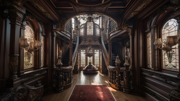 L'intérieur d'un manoir avec un tapis rouge et un escalier en bois.