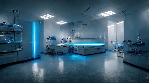 Intérieur médical scientifique abstrait arrière-plan flou lumière bleue concept de recherche médicale rendu Ai