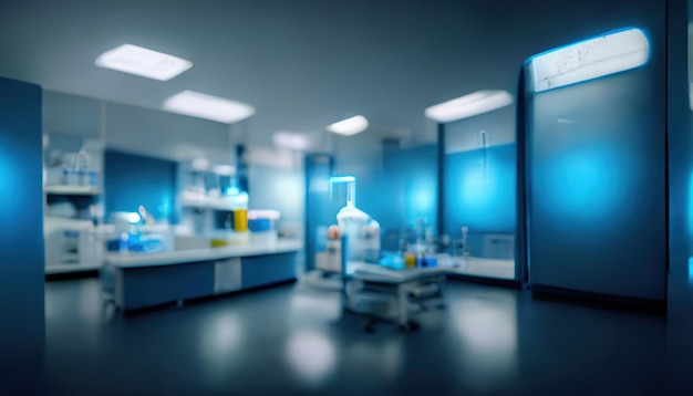 Intérieur médical scientifique abstrait arrière-plan flou lumière bleue concept de recherche médicale rendu Ai