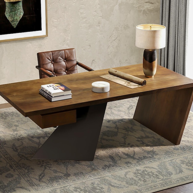 Intérieur de meubles de table et de chaise en bois de bureau à domicile de rendu 3d