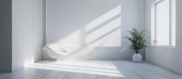 Intérieur minimal avec une pièce vide gris clair et un sol en stratifié blanc