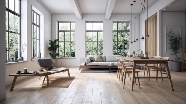 Intérieur minimalisme d'un grand salon lumineux murs clairs meubles en bois grandes fenêtres