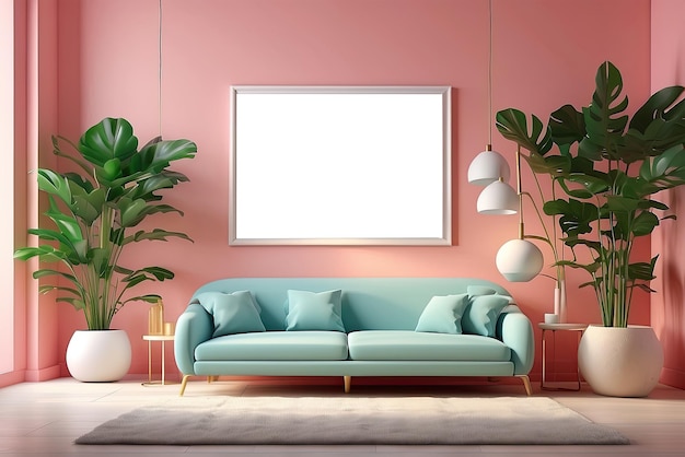 intérieur minimaliste avec affiche vide maquette de cadre salle de séjour moderne génération d'IA 3D