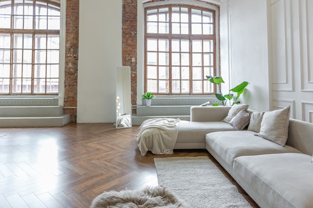 Intérieur minimaliste d'un appartement décloisonné ultra moderne avec des murs blancs et gris avec des meubles rembourrés élégants en relief et gris et d'immenses fenêtres