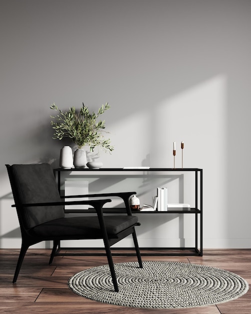 Intérieur minimaliste avec chaise longue noire parquet et console avec décorations rendu 3d