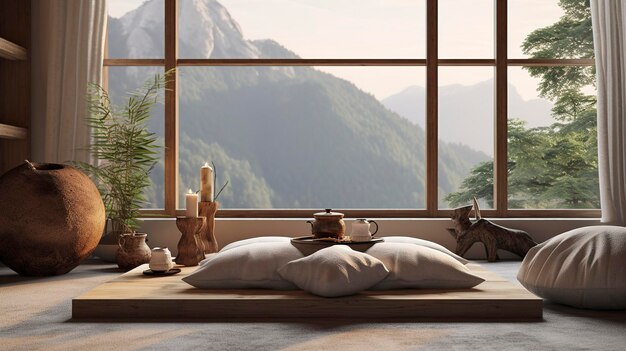 Photo intérieur minimaliste confortable avec des coussins de sol par une grande fenêtre surplombant les arbres d'automne