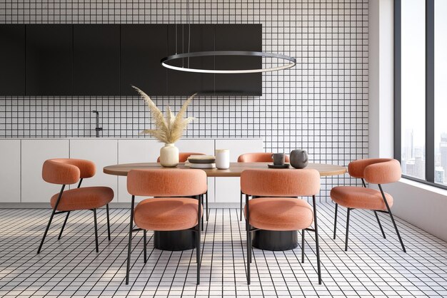 Intérieur minimaliste du rendu 3D de la salle à manger de la cuisine