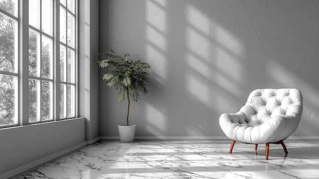 Intérieur minimaliste gris avec un fauteuil sur fond de mur blanc vide