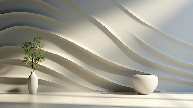 Intérieur minimaliste avec la lumière du soleil à rayures de palmier en pot et d'élégants vases en bois sur un mur bleu éteint