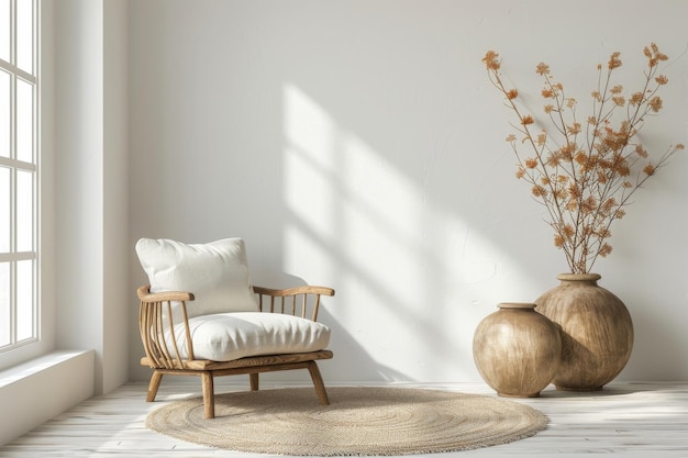 Un intérieur minimaliste lumineux avec un fauteuil confortable et des plantes d'intérieur
