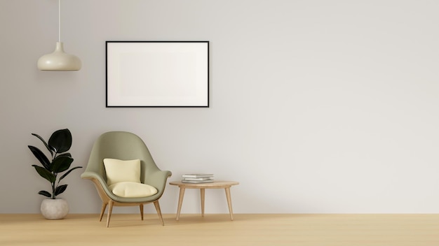 Intérieur minimaliste moderne avec un fauteuil sur fond de mur blanc vide et maquette de cadre photo vierge sur illustration de rendu 3d de mur blanc