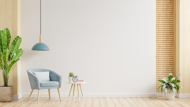 Intérieur minimaliste moderne avec un fauteuil sur fond de mur blanc vide. Rendu 3D