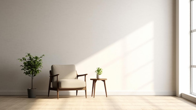 Intérieur minimaliste moderne avec un fauteuil sur un fond de mur de couleur blanche vide