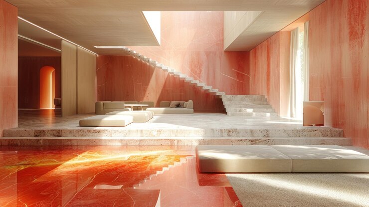 Photo intérieur minimaliste moderne avec des murs en marbre rose