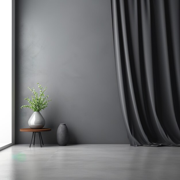 Photo intérieur minimaliste avec des murs gris et des rideaux noirs