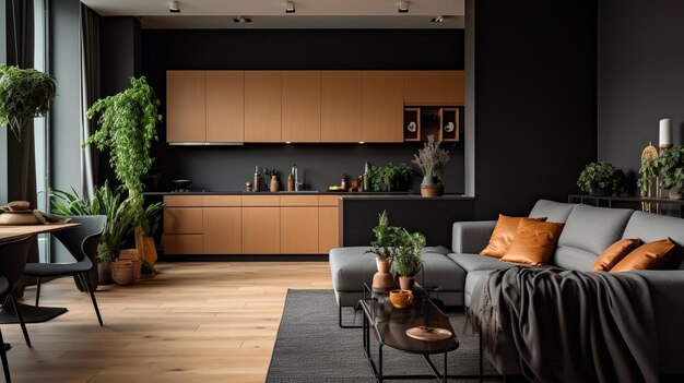 Intérieur minimaliste noir moderne avec plancher en bois de canapé orange de cuisine